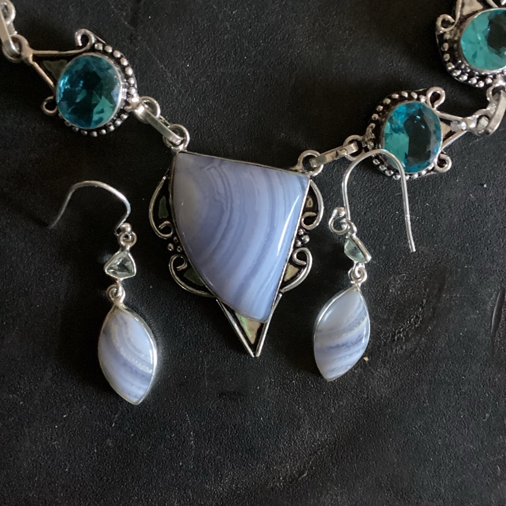925 Sterling & Blue Lace Angel Agate Necklace $ Earrings Demi Parure